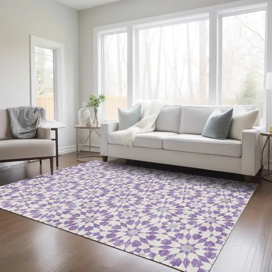 Lavender Purple And Ivory Floral Medallion Washable Indoor Outdoor Area Rug Photo 8
