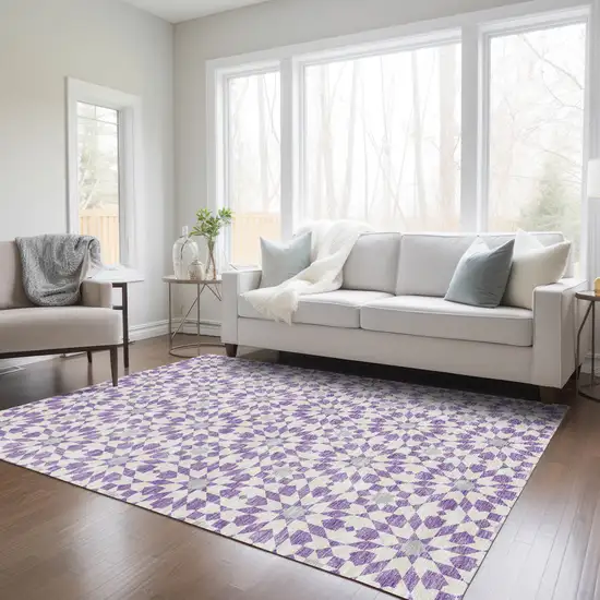 Lavender Purple And Ivory Floral Medallion Washable Indoor Outdoor Area Rug Photo 8