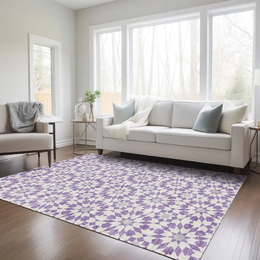 Lavender Purple And Ivory Floral Medallion Washable Indoor Outdoor Area Rug Photo 8