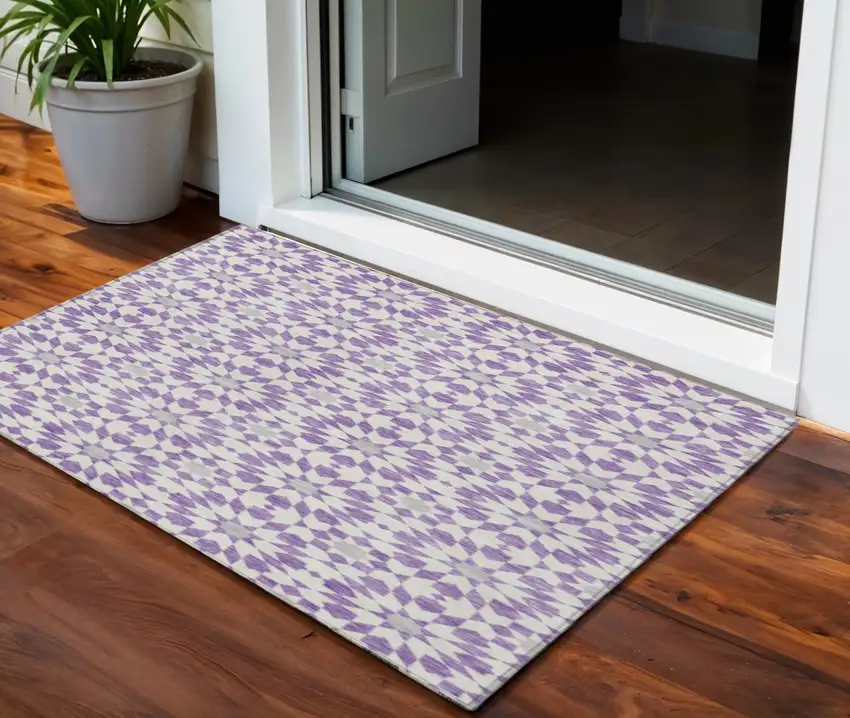 Lavender Purple And Ivory Floral Medallion Washable Indoor Outdoor Area Rug Photo 1