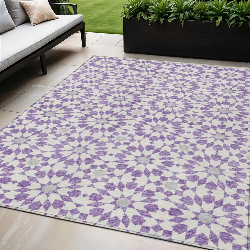 Lavender Purple And Ivory Floral Medallion Washable Indoor Outdoor Area Rug Photo 1