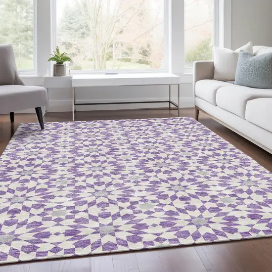 Lavender Purple And Ivory Floral Medallion Washable Indoor Outdoor Area Rug Photo 6