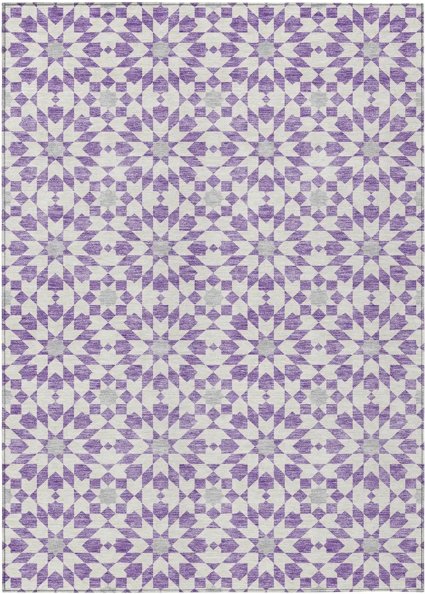 Lavender Purple And Ivory Floral Medallion Washable Indoor Outdoor Area Rug Photo 1