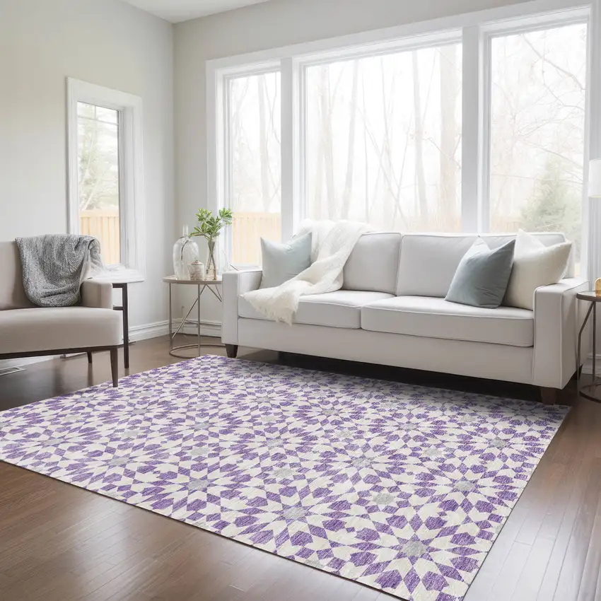 Lavender Purple And Ivory Floral Medallion Washable Indoor Outdoor Area Rug Photo 7