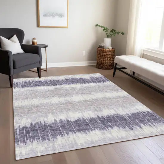 Lavender Purple And Ivory Striped Washable Indoor Outdoor Area Rug Photo 8