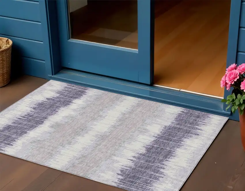 Lavender Purple And Ivory Striped Washable Indoor Outdoor Area Rug Photo 1