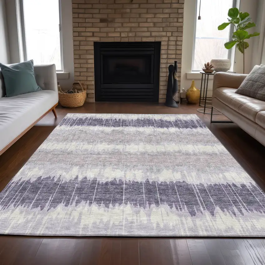 Lavender Purple And Ivory Striped Washable Indoor Outdoor Area Rug Photo 7