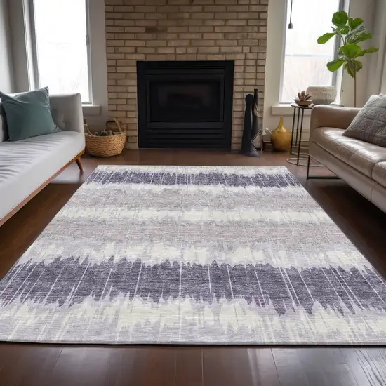 Lavender Purple And Ivory Striped Washable Indoor Outdoor Area Rug Photo 7