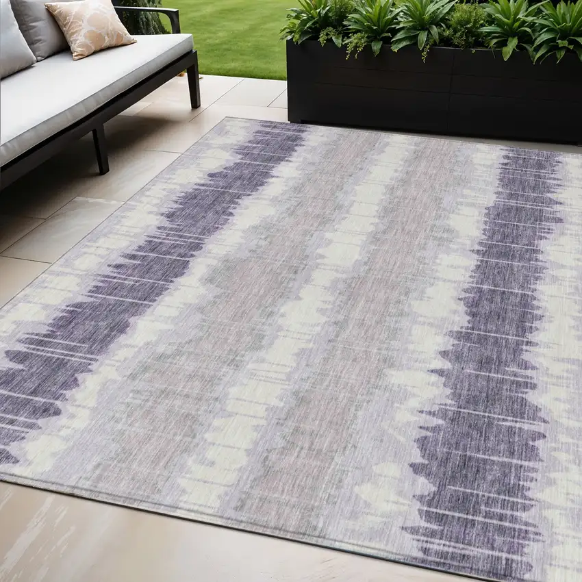 Lavender Purple And Ivory Striped Washable Indoor Outdoor Area Rug Photo 1