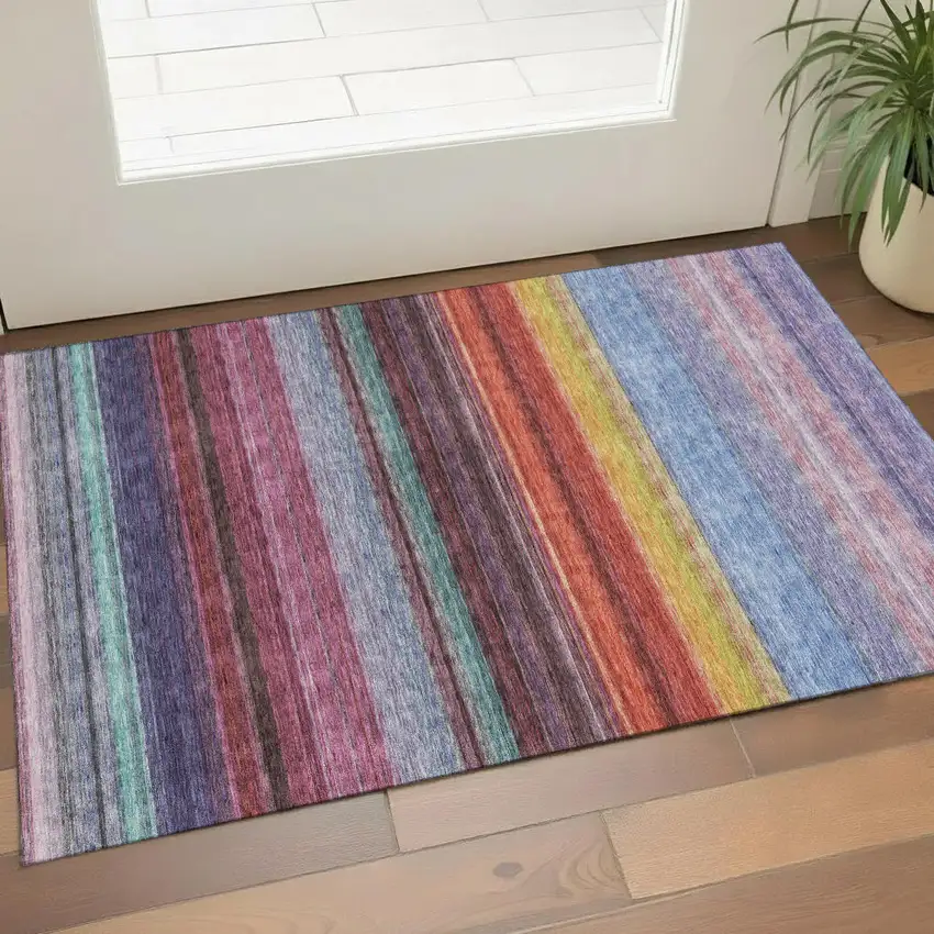Lavender Red And Orange Striped Washable Area Rug With UV Protection Photo 1