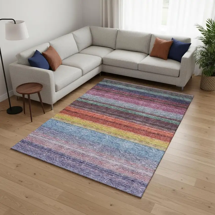 Lavender Red And Orange Striped Washable Area Rug With UV Protection Photo 2