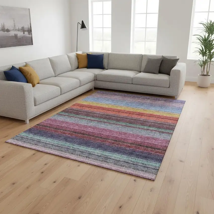 Lavender Red And Orange Striped Washable Area Rug With UV Protection Photo 2