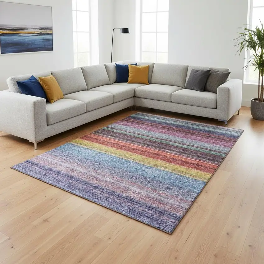 Lavender Red And Orange Striped Washable Area Rug With UV Protection Photo 2