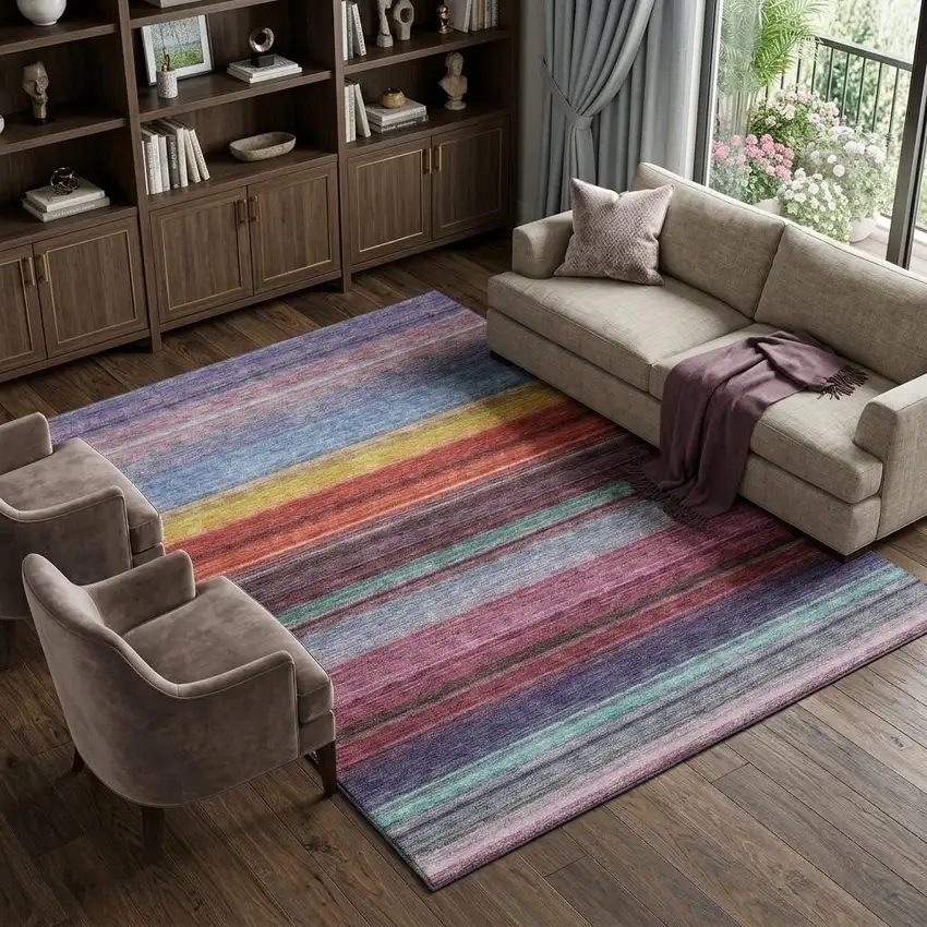 Lavender Red And Orange Striped Washable Area Rug With UV Protection Photo 1