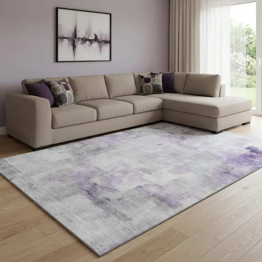Lavender Silver And Gray Abstract Washable Area Rug With UV Protection Photo 2