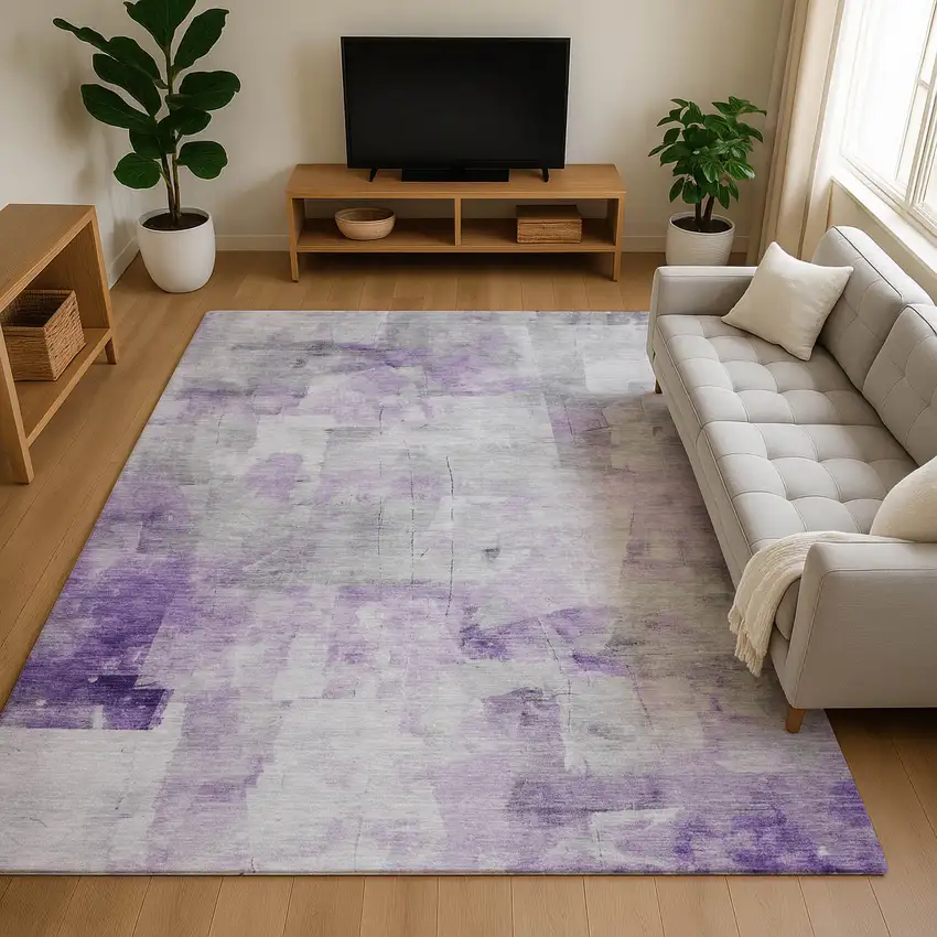 Lavender Silver And Gray Abstract Washable Area Rug With UV Protection Photo 4
