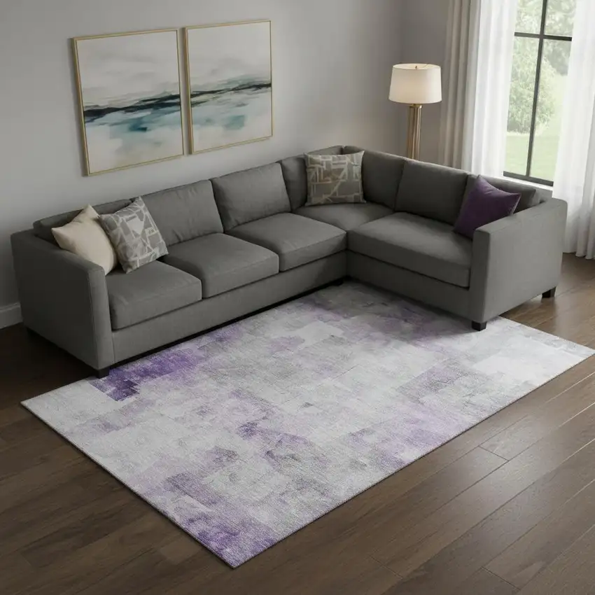 Lavender Silver And Gray Abstract Washable Area Rug With UV Protection Photo 2