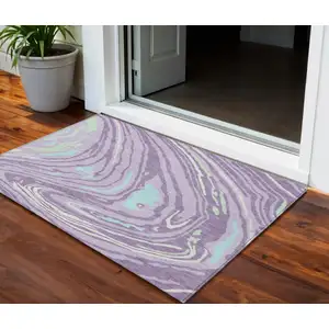 Photo of Lavender Sky Blue And Ivory Abstract Washable Indoor Outdoor Area Rug