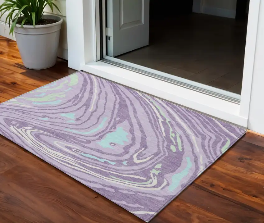 Lavender Sky Blue And Ivory Abstract Washable Indoor Outdoor Area Rug Photo 1