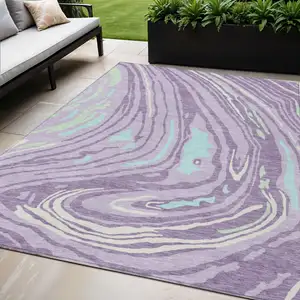 Photo of Lavender Sky Blue And Ivory Abstract Washable Indoor Outdoor Area Rug