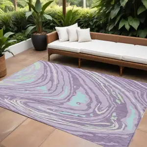 Photo of Lavender Sky Blue And Ivory Abstract Washable Indoor Outdoor Area Rug