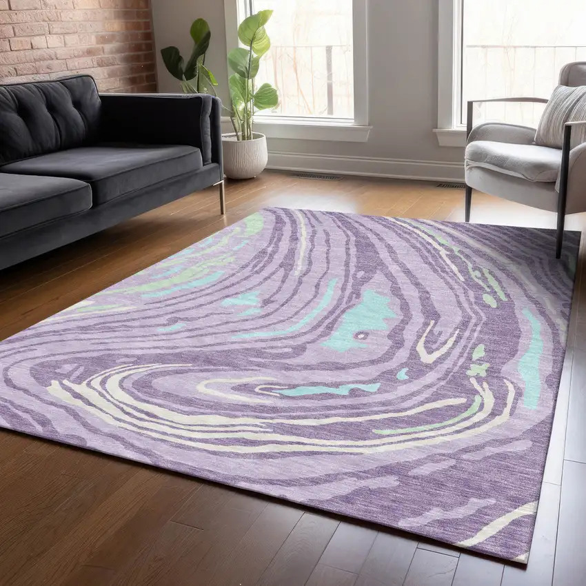 Lavender Sky Blue And Ivory Abstract Washable Indoor Outdoor Area Rug Photo 9