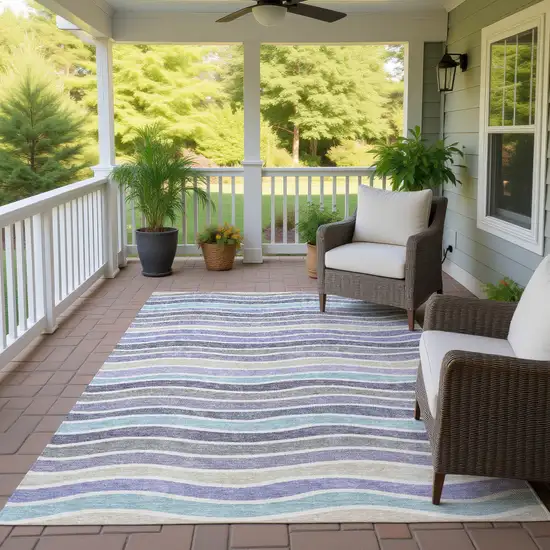 Lavender Tan And Ivory Striped Washable Indoor Outdoor Area Rug Photo 9