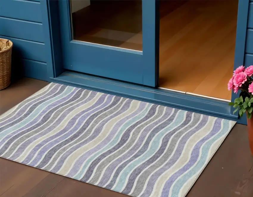 Lavender Tan And Ivory Striped Washable Indoor Outdoor Area Rug Photo 1