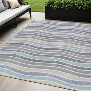 Photo of Lavender Tan And Ivory Striped Washable Indoor Outdoor Area Rug