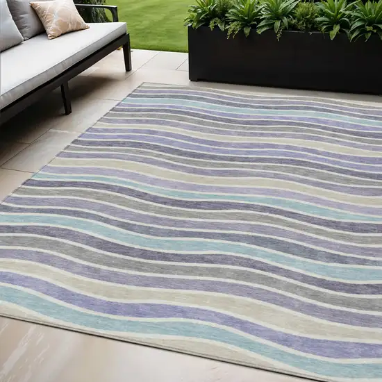 Lavender Tan And Ivory Striped Washable Indoor Outdoor Area Rug Photo 1