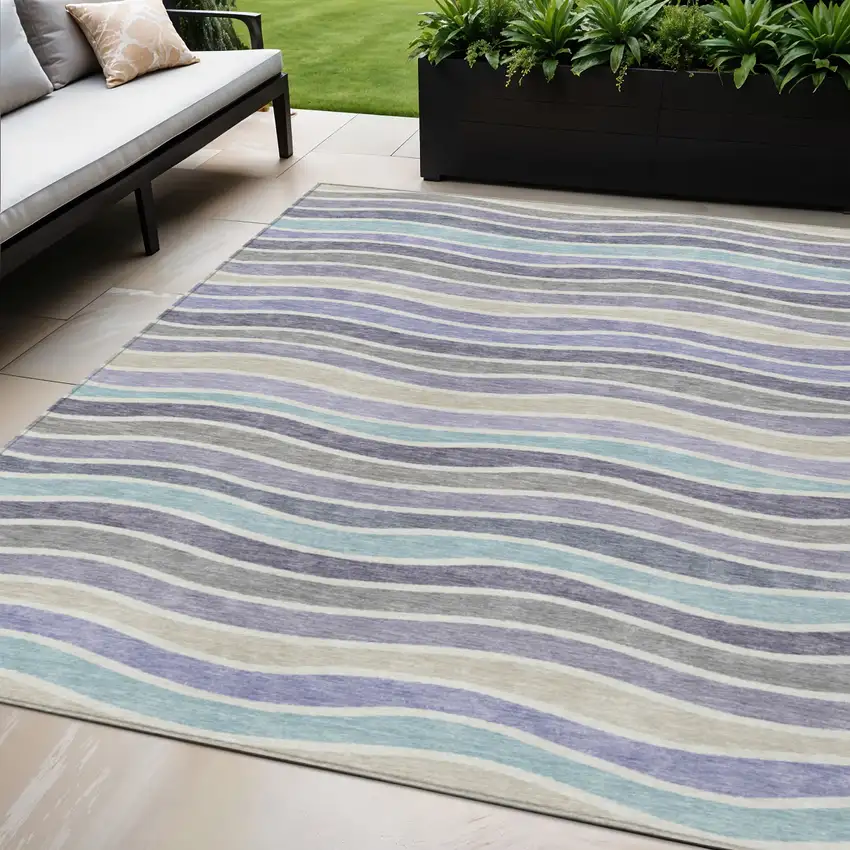 Lavender Tan And Ivory Striped Washable Indoor Outdoor Area Rug Photo 1