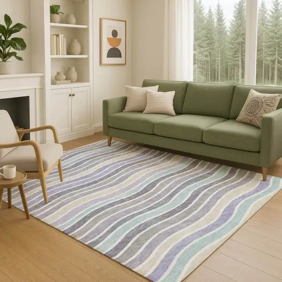 Lavender Tan And Ivory Striped Washable Indoor Outdoor Area Rug Photo 9