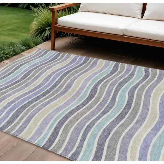 Lavender Tan And Ivory Striped Washable Indoor Outdoor Area Rug Photo 1