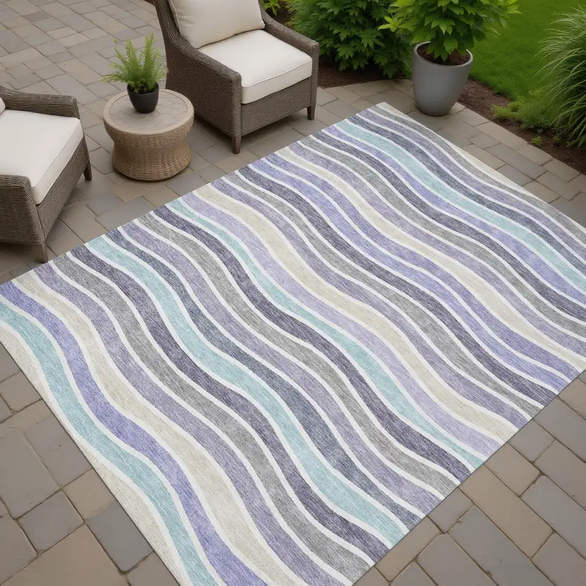 Lavender Tan And Ivory Striped Washable Indoor Outdoor Area Rug Photo 7