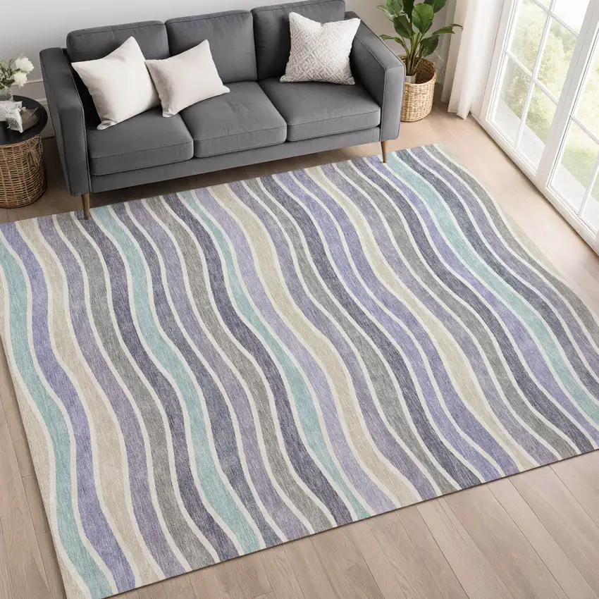 Lavender Tan And Ivory Striped Washable Indoor Outdoor Area Rug Photo 9
