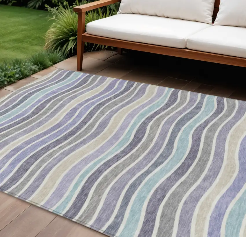 Lavender Tan And Ivory Striped Washable Indoor Outdoor Area Rug Photo 1
