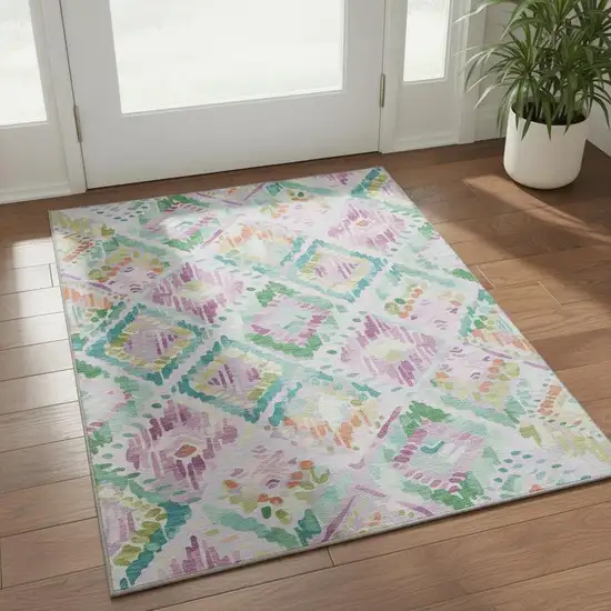 Lavender Teal And Orange Geometric Washable Area Rug With UV Protection Photo 2