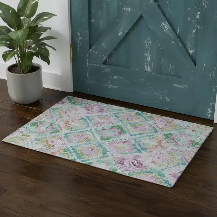 Lavender Teal And Orange Geometric Washable Area Rug With UV Protection Photo 1