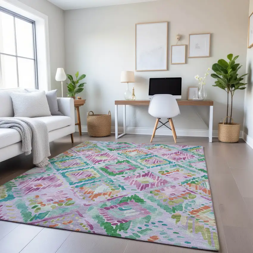 Lavender Teal And Orange Geometric Washable Area Rug With UV Protection Photo 4