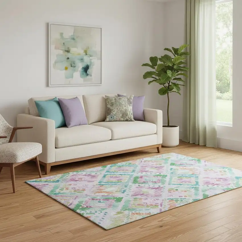 Lavender Teal And Orange Geometric Washable Area Rug With UV Protection Photo 2