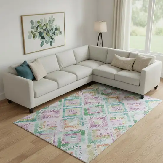 Lavender Teal And Orange Geometric Washable Area Rug With UV Protection Photo 2