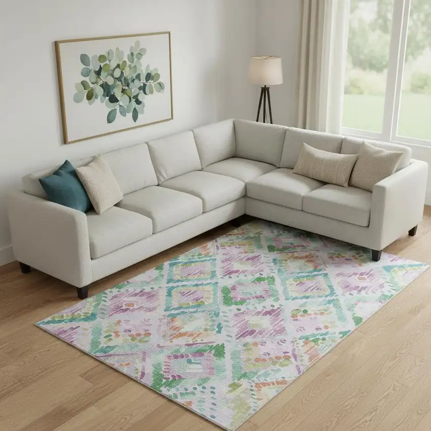 Lavender Teal And Orange Geometric Washable Area Rug With UV Protection Photo 2