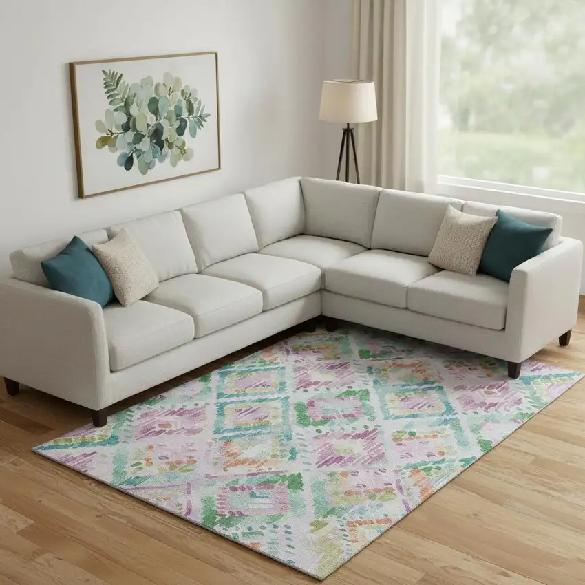 Lavender Teal And Orange Geometric Washable Area Rug With UV Protection Photo 2