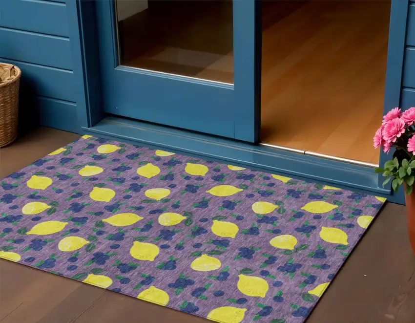 Lavender Yellow And Blue Lemons Washable Indoor Outdoor Area Rug Photo 1