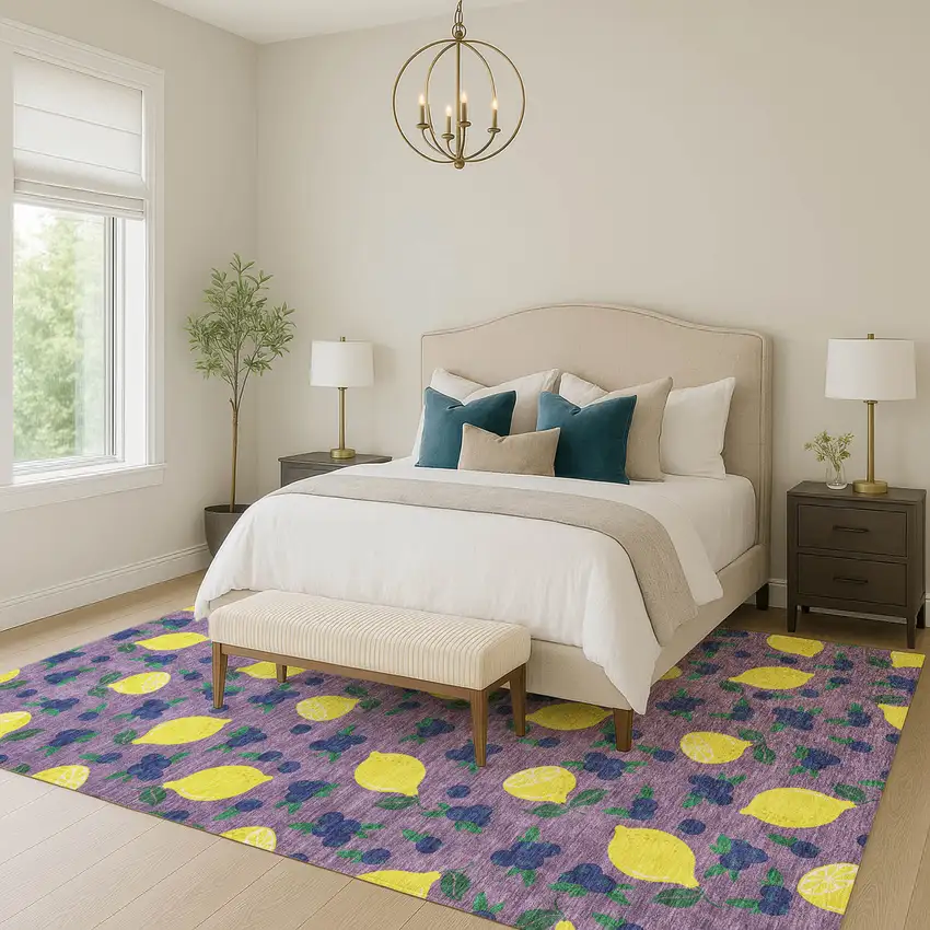 Lavender Yellow And Blue Lemons Washable Indoor Outdoor Area Rug Photo 8