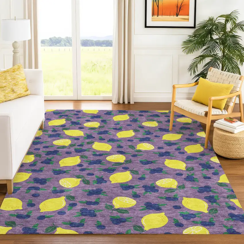 Lavender Yellow And Blue Lemons Washable Indoor Outdoor Area Rug Photo 9