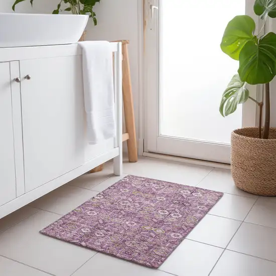 Lavender and Ivory Floral Washable Non Skid Indoor Outdoor Area Rug Photo 8