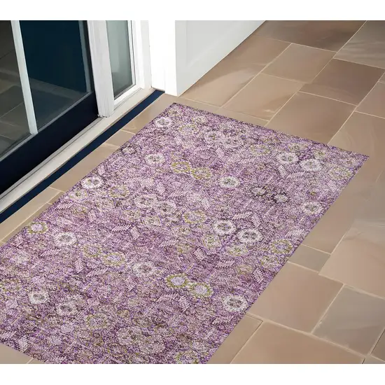 Lavender and Ivory Floral Washable Non Skid Indoor Outdoor Area Rug Photo 1