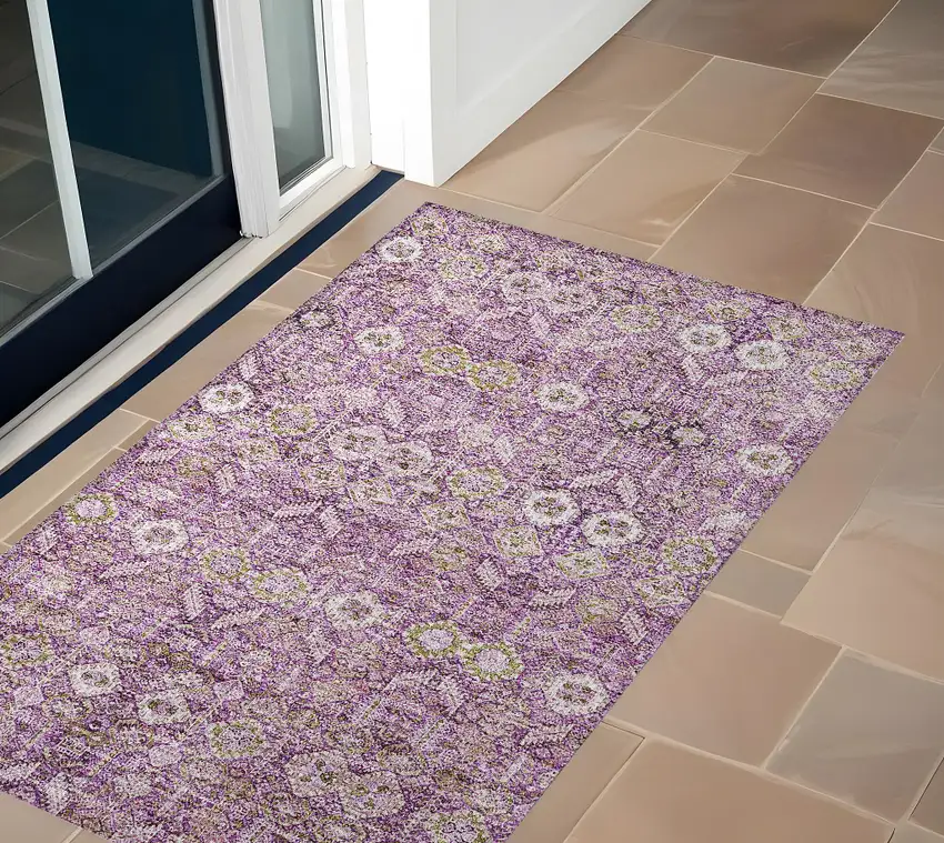 Lavender and Ivory Floral Washable Non Skid Indoor Outdoor Area Rug Photo 1