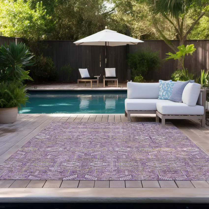 Lavender and Ivory Floral Washable Non Skid Indoor Outdoor Area Rug Photo 9